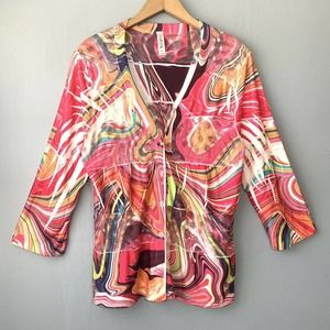 Cubism Womens Medium Lace Mixed Media Knit 3/4 Sleeve Cardigan Dopamine Bright